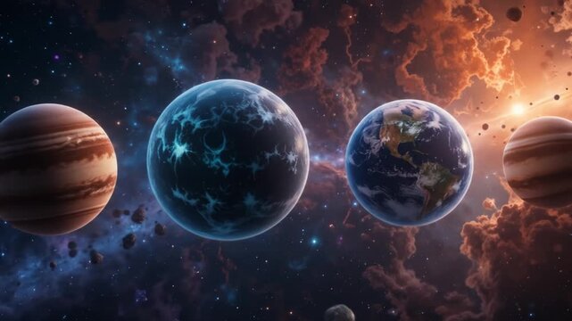 Seven planets aligned in space, displaying vibrant colors and textures. The planets include a mix of rock and gas types. 4k video