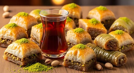 baklava baghlava turkish sweets, iranian dessert, Middle Eastern sweet pastry with a glass of tea