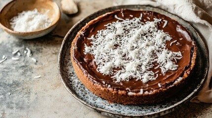 Decadent chocolate dessert topped with shredded coconut flakes