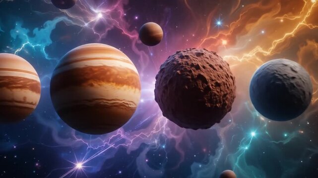 Seven planets aligned in space, displaying vibrant colors and textures. The planets include a mix of rock and gas types. 4k video