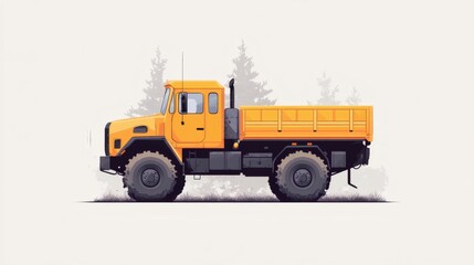Yellow dump truck in a forest setting.