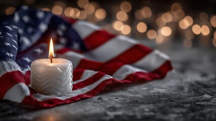 A solitary candle casts a warm glow on the American flag's stars and stripes against a neutral gray backdrop. - Powered by Adobe