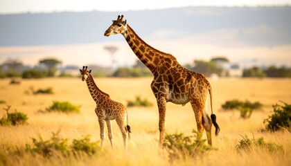 Obraz premium Two Giraffes in a Golden Savanna Landscape.