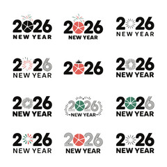 2026 Happy New Year icon set vector collection, creative festive symbols and typography bundle for modern holiday greetings