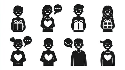 Simple black silhouettes of people giving or receiving gifts