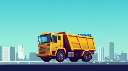 Naklejka premium Yellow dump truck on city street, carrying trash bags.