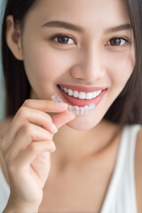 Obraz premium A radiant smile meets modern dental care. A woman with clear aligners for a perfect smile. Embrace confidence with discreet orthodontics.
