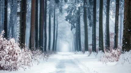 A serene winter forest pathway blanketed in snow, with tall trees lining the route and a soft, mystical light at the end.