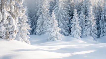 Fototapeta premium A serene winter landscape featuring snow-covered trees and soft, undulating snowdrifts under a bright sky.