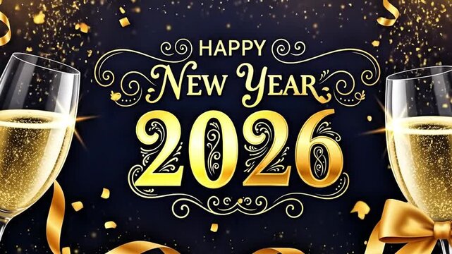 Happy New Year 2026 video with two gold wine glasses and ribbon