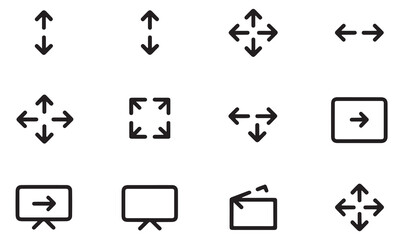 Navigation and arrows outline icons set including up, down, left, right, expand, and square for orientation and direction design