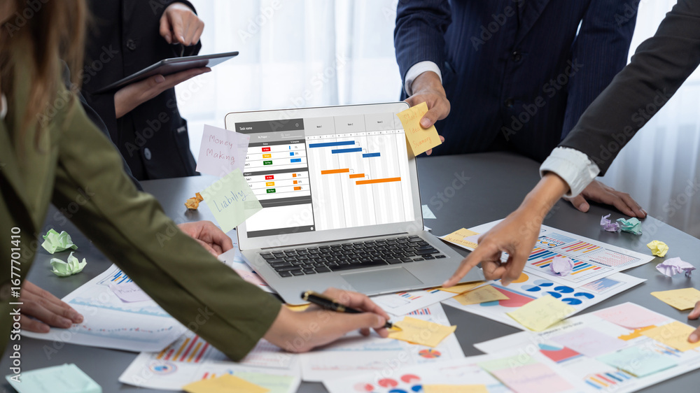 Poster analyst team use sticky note for creative and analytic brainstorm for business idea with bi data das