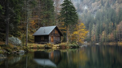 Fototapeta premium A serene wooden cabin by a tranquil lake, surrounded by vibrant autumn foliage and towering trees reflecting in the calm water.