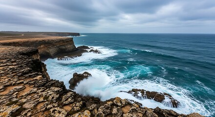 Dramatic coastal scenery with crashing waves and rugged cliffs.