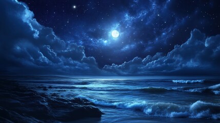 A serene night scene featuring a moonlit ocean under a starry sky, with dramatic clouds reflecting the deep blue hues of night.
