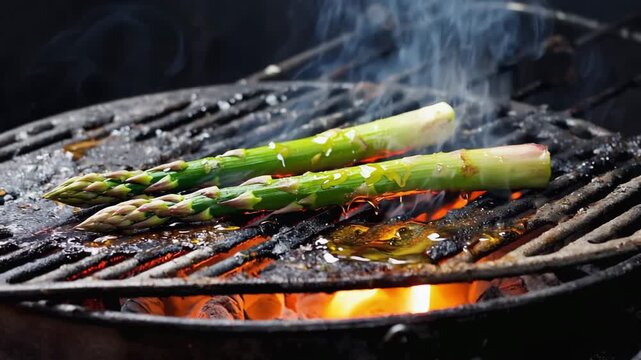 Fresh asparagus spears grilling over a hot, smoky charcoal barbecue