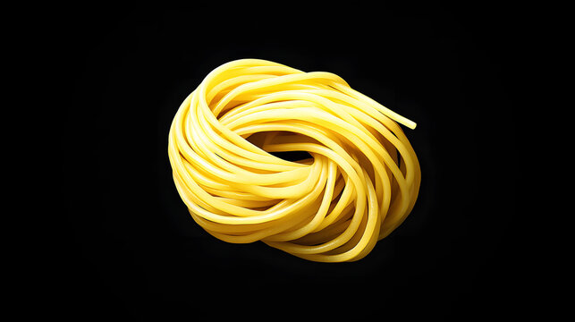 Spaghetti noodles loosely rranged in a bundle on a drk background, capturing teir smooth surface and natral form.