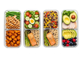 Four healthy meal prep containers with diverse foods isolated on transparent background