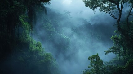 A dense, misty jungle scene filled with lush greenery, conveying a mystical and serene atmosphere.