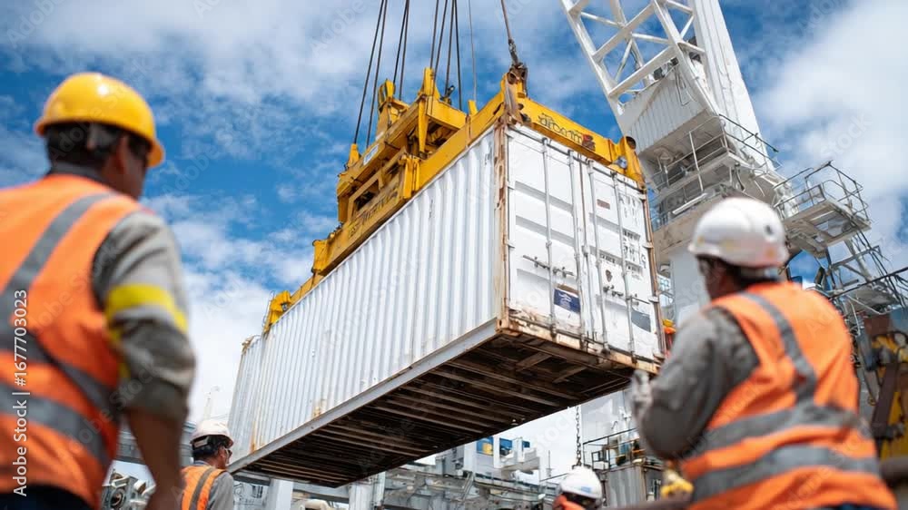 Poster A crane carefully hoists a large container as workers use signal flags and gestures to guide it safely.