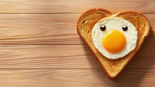 Heart shaped toast with fried egg face on wooden background. Halloween food idea. Simple and fun breakfast for kids. Samhain