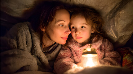 A tender moment between a Caucasian mother and her young daughter cuddling in a cozy blanket fort, illuminated by a warm lantern glow.