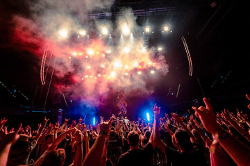 crowd and excited people at concert and festival