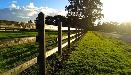 Obraz premium A weathered wooden fence, with lush green grass and trees, defines a rural scene bathed in golden sunlight.