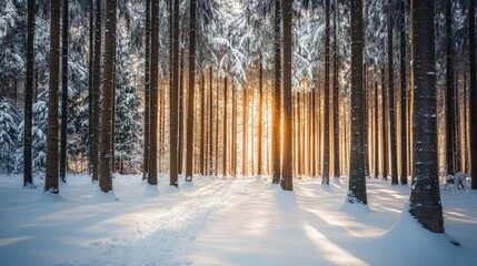 Naklejka premium A serene winter forest scene with tall trees blanketed in snow, illuminated by warm sunlight streaming through the trunks.