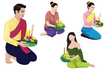 cartoon shape with flower krathongs vector design