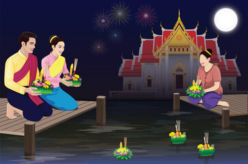 A newlywed couple is floating krathongs on the full moon day of the twelfth lunar month