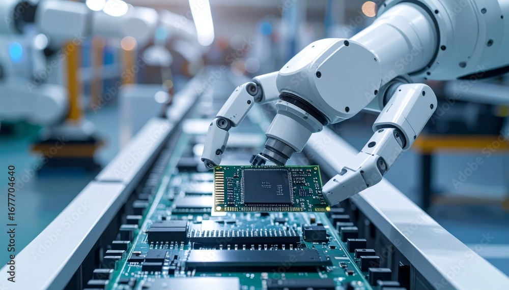 Poster robotic arm handling circuit board in modern electronics factory