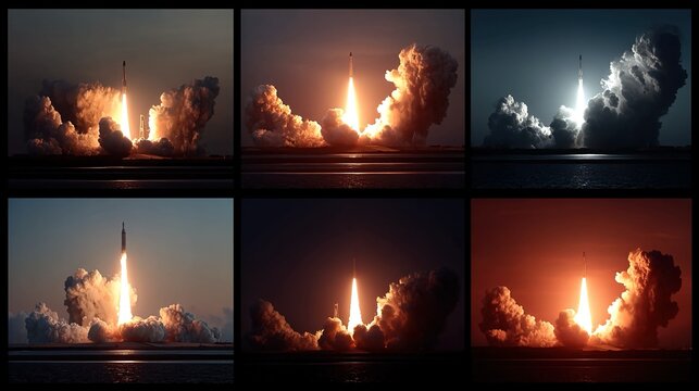 Rocket launch visuals capturing liftoff sequences, engines firing, and dramatic ascents in space mission footage.