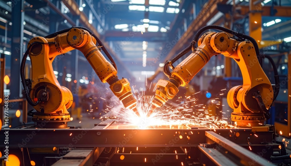 Poster industrial robots working together in automated manufacturing setup