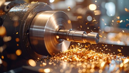 Metalworking Process With Shiny Metal Chips and Turning Lathe Action
