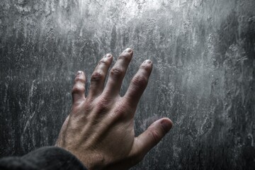 A hand gently touches a fogged-up glass surface, with droplets of water visible, creating a moody atmosphere in a quiet room Generative AI