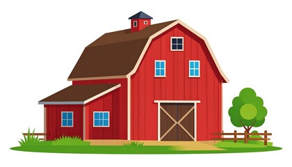 A vibrant, red barn stands tall on a grassy field, showcasing simple lines and a cheerful ambiance.