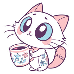Vector artwork of a cute cat with coffee cup, playful and cozy, perfect for coffee lovers and cat-themed branding 