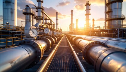 Industrial pipelines and machinery at sunset in oil refinery setting