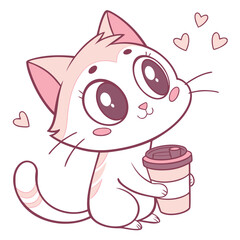 Adorable vector cat with coffee cup, designed in kawaii style with pastel tones, ideal for mugs, apparel and stationery 