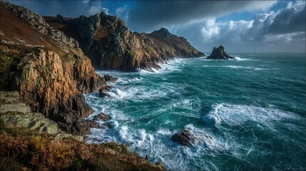 Rugged coastal cliffs with crashing waves, sea spray, and dramatic skies, perfect for marine, travel, and natural landscape images