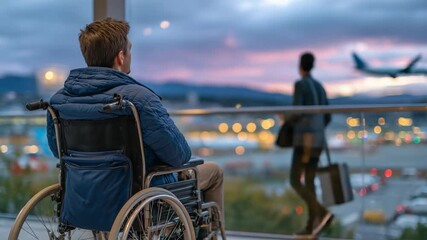 A wheelchair traveler gazes at a distant airplane through a terminal window, enveloped in sunset light, embodying wanderlust and accessibility. - Powered by Adobe