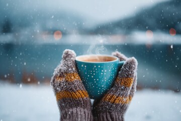 Hands in cozy mittens cradle a steaming cup as snowflakes dance down near a serene frozen lake surrounded by winter scenery Generative AI