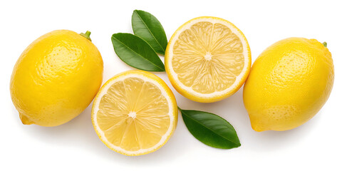 A close up shot of whole and halved lemons with green leaves on a white background surface view