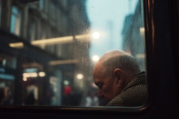 An elderly man gazes out through a misty window as rain falls on a bustling city street filled with people and soft lights Generative AI