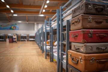 Vintage suitcases are stacked near bunk beds in a community center gym adapted for temporary shelter, providing essential accommodation Generative AI