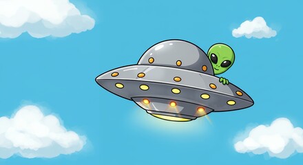 Cute alien in a flying saucer cartoon illustration