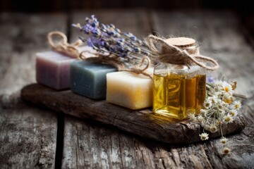 Beautifully crafted lavender and chamomile soaps arranged on a weathered wooden surface alongside a small bottle of essential oil Generative AI