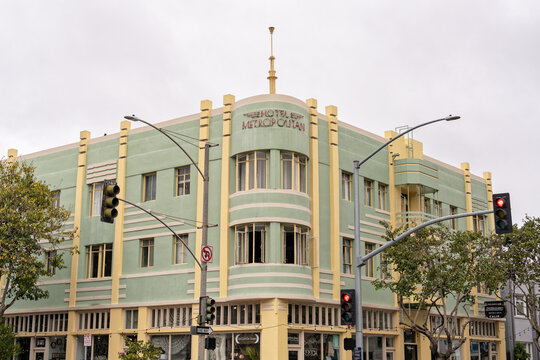 Long Beach, California - March 12, 2025: The Hotel Metropolitan is designated as a historic local landmark. Local architect W. Horace Austin designed the facade in Streamline Moderne style of Art Deco