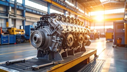 Industrial Engine on Workbench with Sunlight in Factory Setting